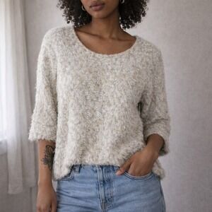 Chicos Fuzzy Knit‎ Sweater 3/4 Sleeve Metallic Gold Sparkle Lounge Cozy